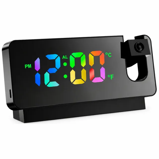 SWGOTA Digitale ledwekker met kleurendisplay - Zwarte spiegelvoorzijde, projectielens en voet - Inclusief USB-kabel en beschermzak