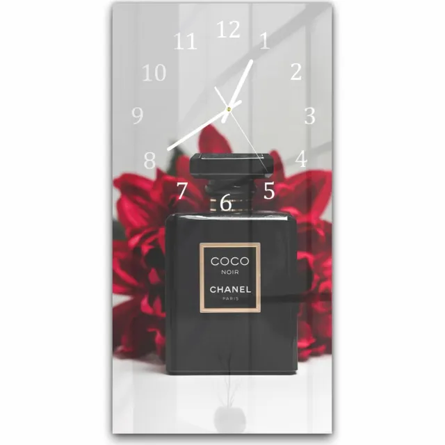Mydesignglas Grote Glazen Wandklok XXL - Wandklok 30x60 - Gehard Glas - Chanel Parfum Zwart- Stille Klok voor Woonkamer & Keuken - Modern Design Wandklok 30x60 - Gehard Glas - Chanel Parfum Wit Black