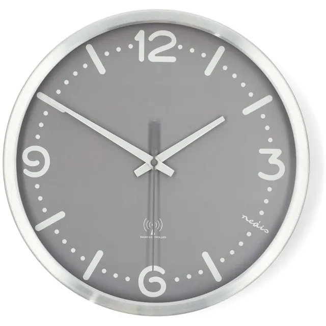 Nedis Wandklok - Diameter 30 cm - Radiogestuurde tijd - Stil uurwerk - Grijs Zilver - Metaal