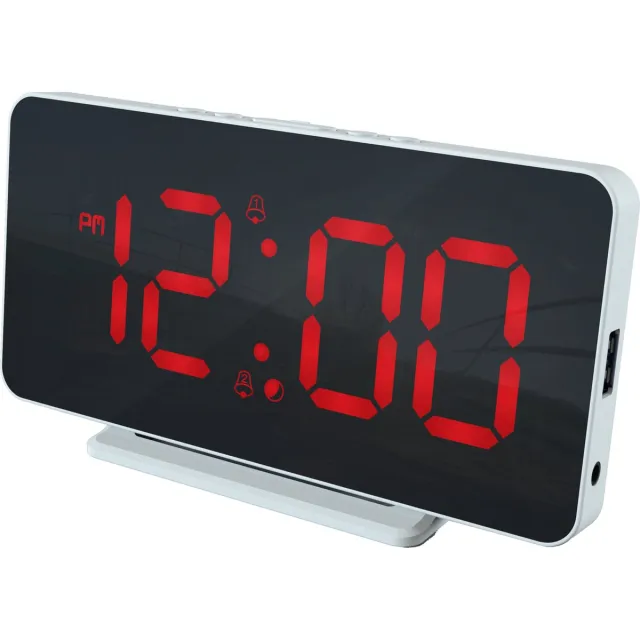 Caliber Wekker - Digitale Wekker - Slimline - Twee alarmen - Groot Dimbaar Rood Display - USB Oplader - Wit Rood Display - Met Adapter