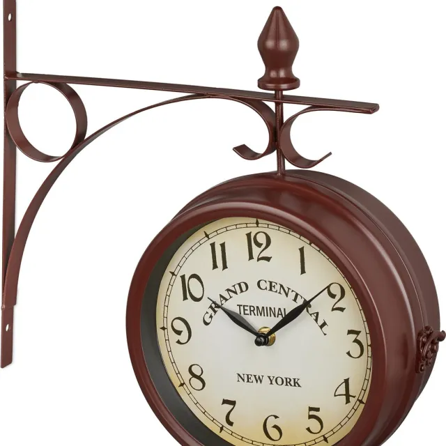Relaxdays stationsklok dubbelzijdig - retro klok met cijfers - 34 x 35 x 10 cm - op batterijen - muurklok bruin