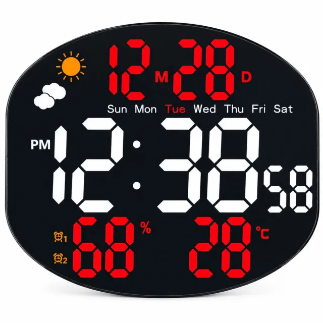SWGOTA Digitale LED-wand- en tafelklok met rode en witte cijfers, grote tijdweergave, datum, weekdag, temperatuur en luchtvochtigheid Zwart