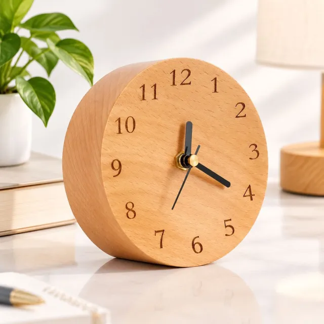 VHV Analoge bureauklok - Houten , moderne bureau‑ en plankklok, stille, niet‑tikkende, op batterijen werkende tafelklok, schoorsteenklok geschikt voor kantoor, woonkamer... Bruin