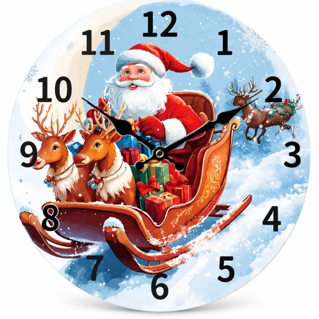 SWGOTA Ronde MDF-wandklok met kerstman en slee - 29,7 cm - Stil quartz uurwerk - Zwarte cijfers en wijzers Blauw