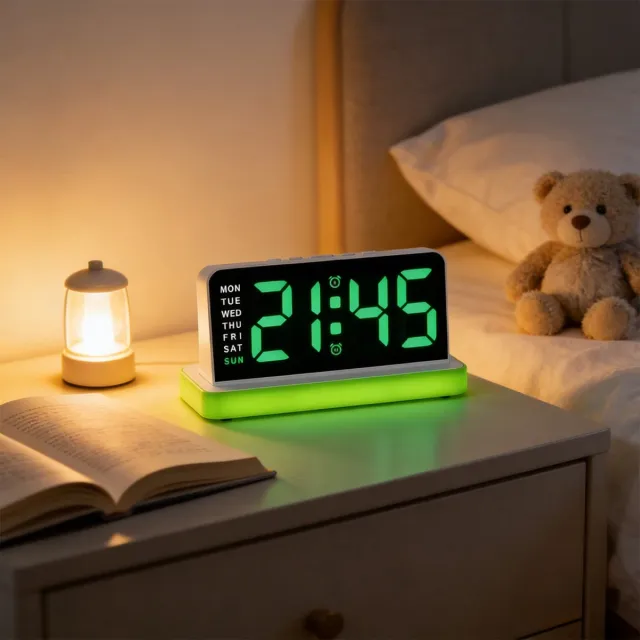 Ulisem Led Klok Digitale Wandklok Met Groot Display - Wandklokken - Weergave Van Tijd Datum En Temperatuur - Instelbare Helderheid - Alarm En Kalender Voor Slaapkamer Woonkamer Kantoor - Usb Voeding - Modern Design - Wit Groen Blauw Roze Geel