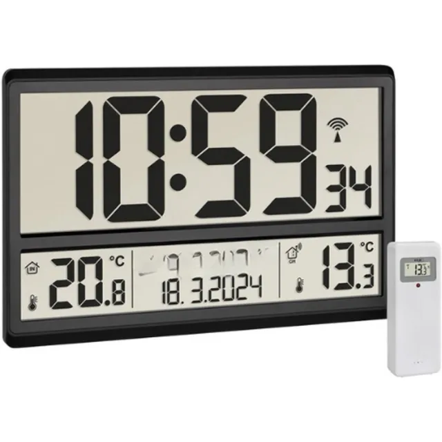BOG Digitale XL Wandklok Met Zenderbesturing - Binnen En Buiten Temperatuur - Dag Van De Week In 8 Talen - Datum - Alarm - Zwart - 360X235X28Mm