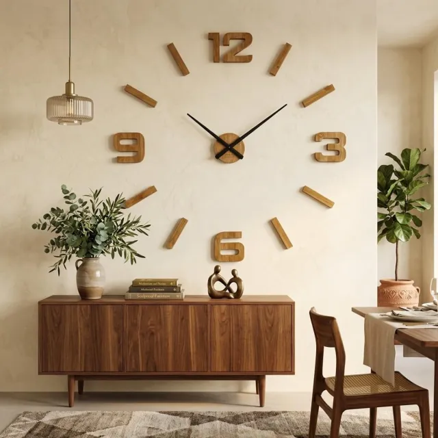 Famanu 3D wandklok van hout, grote wandklok van 100-130 cm, modern design, eco-vriendelijk, muursticker decoratie voor kantoor, woonkamer en slaapkamer Naturel