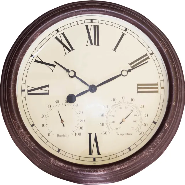 St. Helens Home & Garden Vintage Koper-look Tuinklok – Ø 38 cm – Thermometer & Hygrometer – Waterbestendig - Wandklok Voor binnen en Buiten