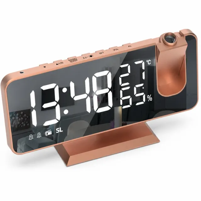 SWGOTA wekker - Projectieklok met twee alarmen en groot spiegelend LED-display - Roségoud met witte cijfers - Tafelvoet en externe voeding