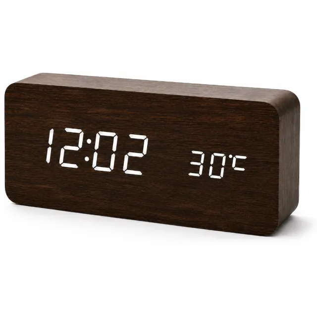 AXBO Digitale Houten Wekker – LED Display – 3 Alarmen – Sound Control – Temperatuurweergave – USB + Adapter Inclusief - Donker bruin