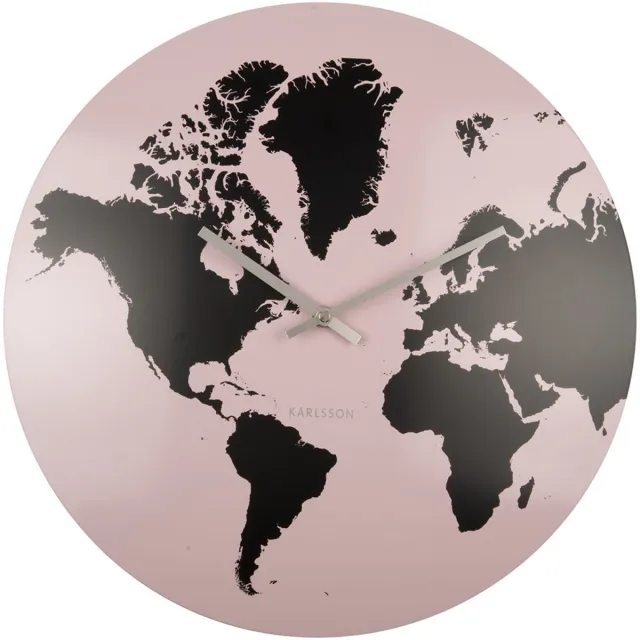 Karlsson Wandklok World Map - Licht Roze - Ø39cm - Wandklok Scandinavisch,Modern