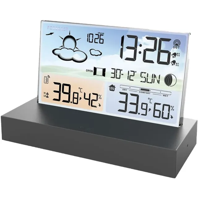DESMIU Meteorologische Klok – Weersvoorspelling En Dubbele Alarmen – 16 X 12 X 8 Cm – Glas – Zwart – Voor Binnen En Buiten Met Kalender