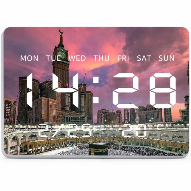SWGOTA Digitale LED-wandklok 27,5 x 20 cm met temperatuur, luchtvochtigheid en weekdag, rechthoekig met architectuurprint Meerkleurig