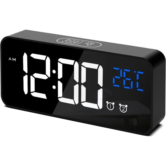 GelldG LED digitale klok - Met temperatuurweergave - Draagbare spiegelwekker - Bureauklok - 2 alarmen - 13 alarmtonen - USB oplaadbaar - 4 instelbare helderheids- en volumestanden - 12/24-uurs weergave zwart