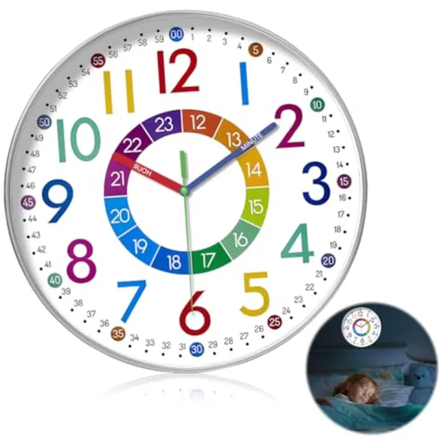 longziming Educatieve Kinderwandklok 25 cm – Stille Wandklok met 12/24 Uur Aanduiding – Grote Cijfers – Leerzaam Kloklezen – voor Kinderkamer en School Wit