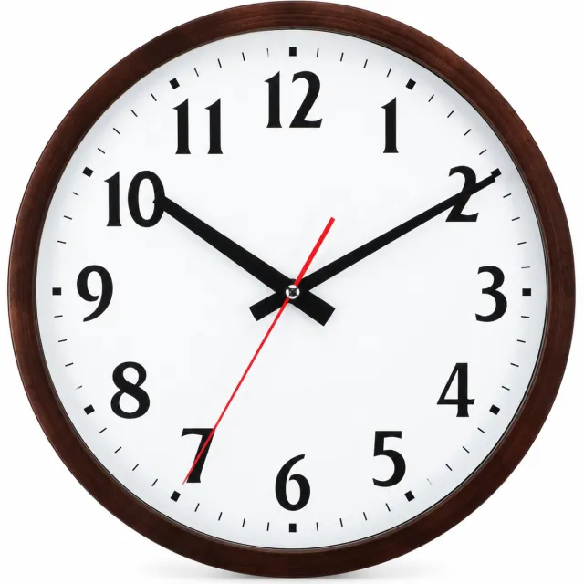 SWGOTA Stille quartz wandklok 30 cm - Donkerbruine ronde rand, witte wijzerplaat en rode secondewijzer