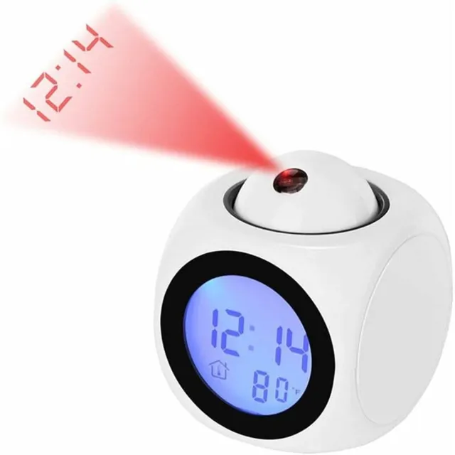 longziming Digitale Projectie Wekker – Stil LED Alarm, 12/24u Tijdweergave, Plafondprojectie, Spraakbediening, Tijd & Temperatuur Display, Snoozefunctie Wit