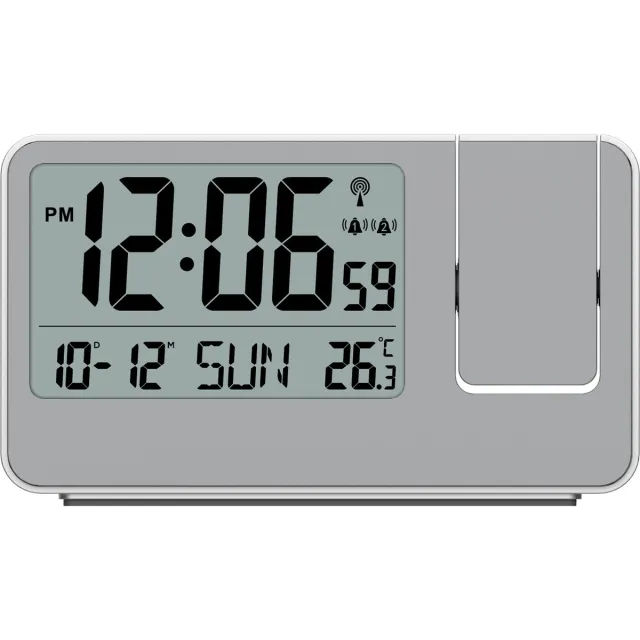 Technoline WT 534 - Wekker - Projectiewekker (180°) - Digitaal - Rechthoek - Radiogestuurde tijdsaanduiding - 12/24h - Datumaanduiding - Binnentemperatuur - 12/24 - 2 alarmen - Snooze - Kunststof - Cijfers - Zilverkleurig