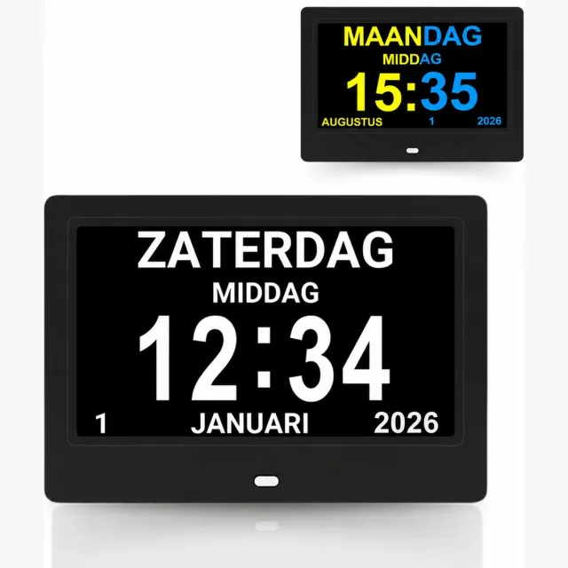 Pitt & Co. Dementieklok 15 Inch – Grote Kalenderklok met Datum, Dag en Dagdeel – Analoog & Digitaal – Medicijnalarm en Herinneringen – Seniorenklok voor Alzheimer en Slechtzienden – Zwart