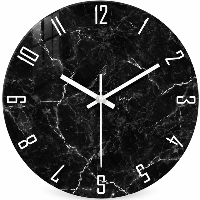 SWGOTA Ronde wandklok van gehard glas, diameter 30 cm, zwarte marmerlook met witte cijfers en wijzers, enkelzijdig, 1 stuk