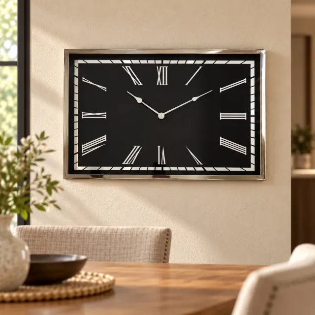 Hoppa! Rechthoekige wandklok met Romeinse cijfers - Zwart/Chroom - 5 x 76 x 51 cm (B x D x H)