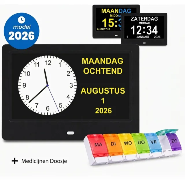 Pitt & Co. Dementieklok Analoog en Digitaal – Kalenderklok - klok met datum en dag – Alarmfunctie en Medicijnalarm - Alzheimer klok – seniorenklok – 7 Inch - Zwart - pillendoosje