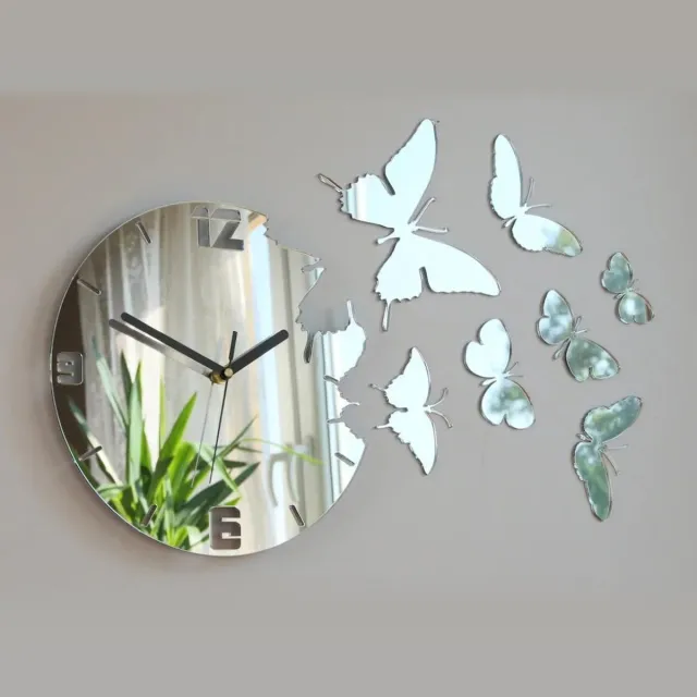 BELANIAN MIRROR BUTTERFLY Wandklok 54 cm - Moderne Muurklok met Vlienders - Origineel Design DIY Muurklok - Stijlvolle Wandklok in Glamour Stijl SPIEGEL