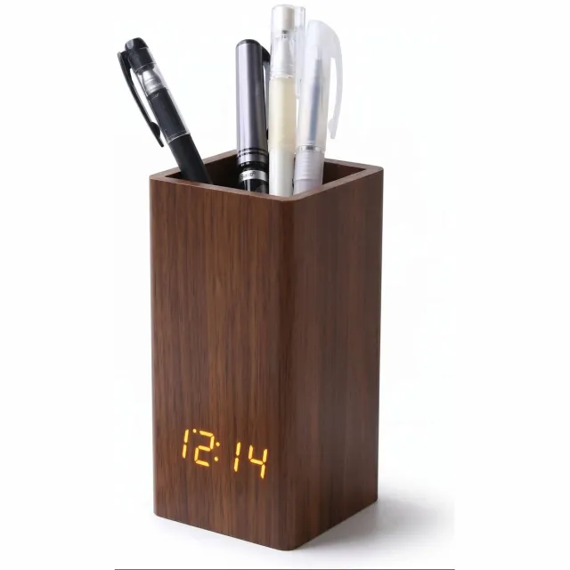 TIN-IN Digitale klok - Bureauklok - Wooden look - Zwart + Witte cijfers - Pennenbakje Donker hout