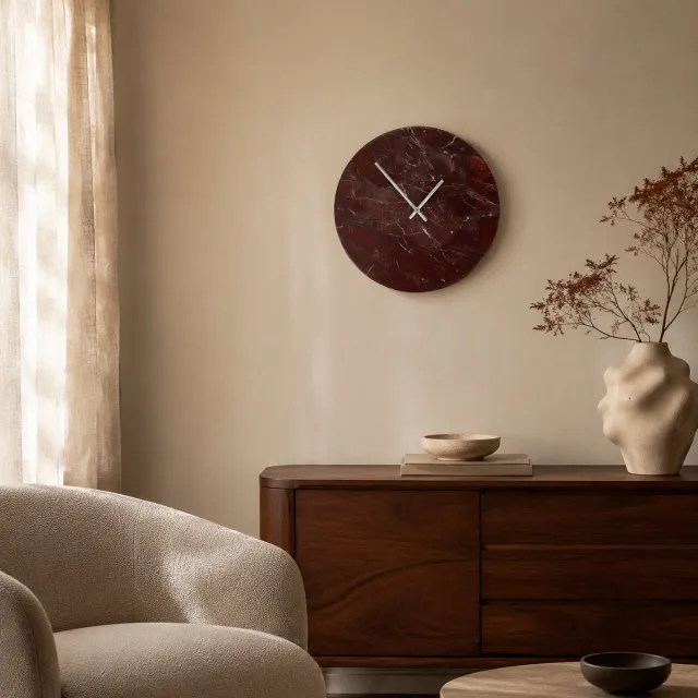 Fameilleur Marmeren Wandklok 35 cm Bordeauxrood – Ronde Design Klok van Natuursteen met Zilverkleurige Wijzers – Moderne Klok zonder Cijfers – Luxe Woondecoratie voor Woonkamer, Kantoor, Slaapkamer, Hal en Keuken – Tijdloos Interieur – Modern Design. grijs