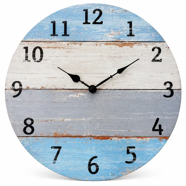 SWGOTA Ronde wandklok 14 inch van MDF - Blauwe, witte en grijze houtlook - Zwarte cijfers en wijzers