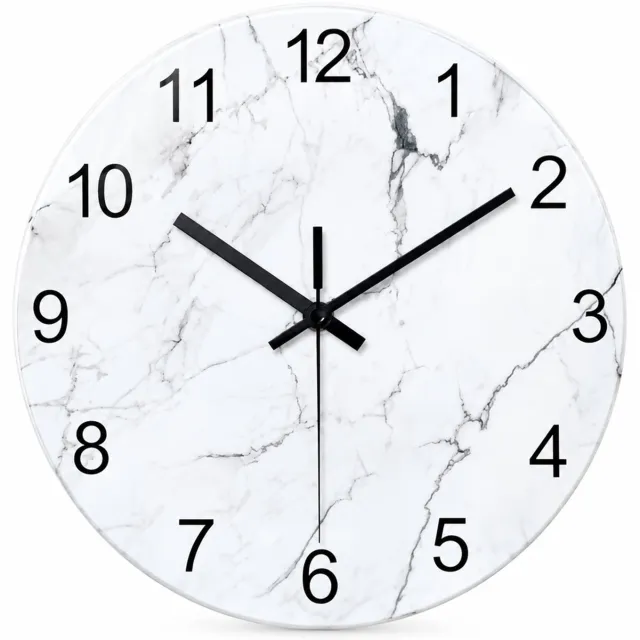 SWGOTA Ronde wandklok van gehard glas, diameter 30 cm, wit-grijs marmerpatroon, zwarte cijfers en wijzers, 1 stuk Blauw