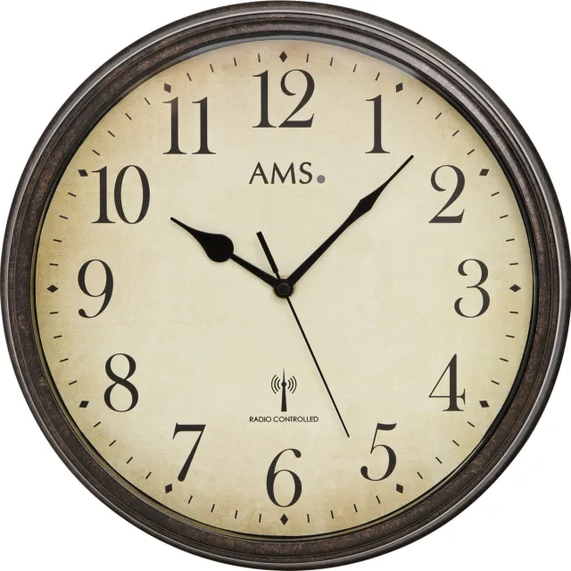 AMS F5962 - Wandklok - Analoog - Rond - Radiogestuurde tijdsaanduiding - Metaal - MineraalGlas - Ø32 cm - Bruin