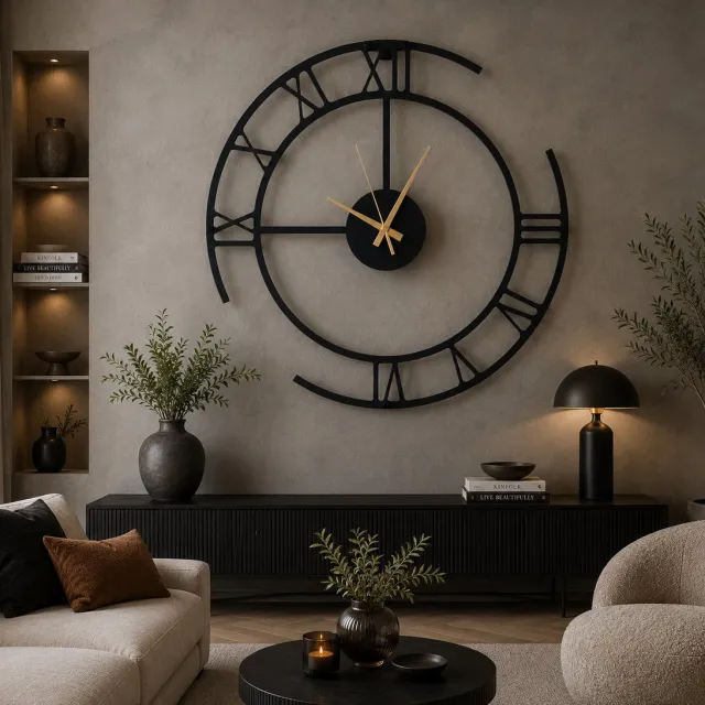 WallArtStore Wandklok Metaal-Wandklok Modern-Stil Uurwerk-Staal-Romeinse Cijfers-Gepoedercoat-50cm zwart