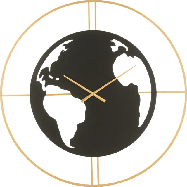 J-Line klok Wereldkaart Gaten - metaal - zwart/goud - large - Ø 90 cm
