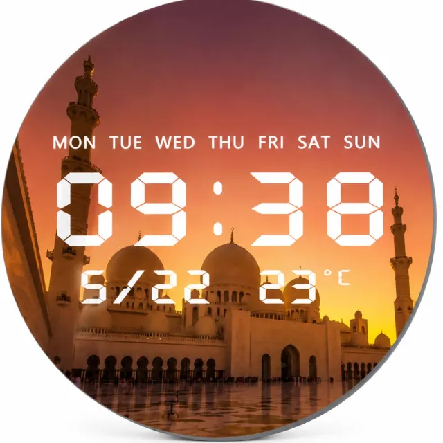 SWGOTA Digitale LED-wandklok Ø 30 cm - Rond en enkelzijdig - Temperatuur, datum en weekdagen - Moskeemotief bij zonsondergang