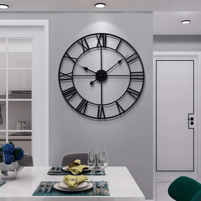 ‎HAITANG HAITANG Grote vintage wandklok, zwart rond, metaal, stil, tikt niet, werkt op batterijen, 40 cm, 16 inch Romeinse cijfers, klokken voor woonkamer, slaapkamer, keuken, wandklokdecoratie