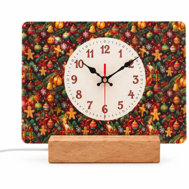 SWGOTA Verlichte kersttafelklok 20 x 13 cm met analoge wijzerplaat, kerstmotieven en bruine voet Rood