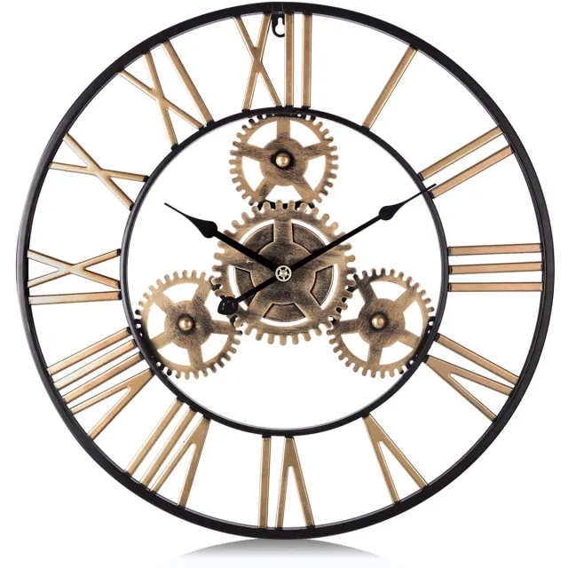 Famanu Stille retro gouden industriële wandklok met tandwielen, metalen muurklok van 60 cm met vintage Romeinse cijfers, ideaal voor woonkamer en slaapkamer