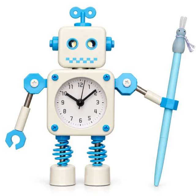SWGOTA Wekker - robotvorm met analoge wijzerplaat - stil sweep-uurwerk - op batterijen - metalen behuizing - wit