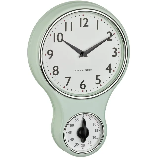 TFA Dostmann TFA Keuken wandklok - retro design met timer/kookwekker - mintgroen - H30 cm - kunststof Mint, Groen