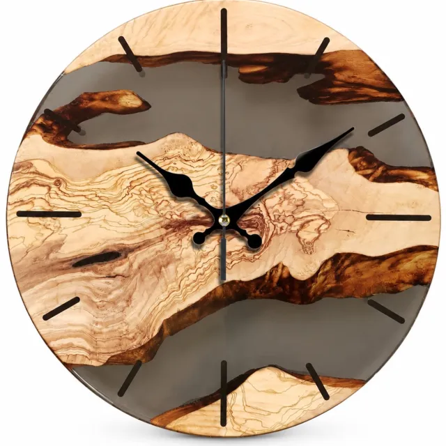 SWGOTA Ronde wandklok 30 cm met houtnerfdecor, stalen uitvoering, zwarte wijzers en streepmarkeringen voor woon- en werkkamers Bruin