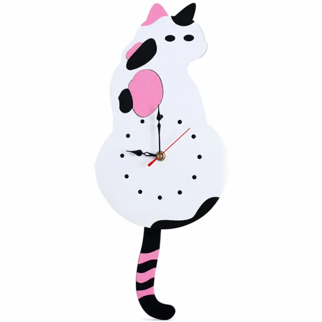 SWGOTA Acryl wandklok in kattenvorm met ogen en slingerende staart, wit-zwart-roze, analoog met stipmarkeringen, 3 mm dik, enkelzijdig Meerkleurig