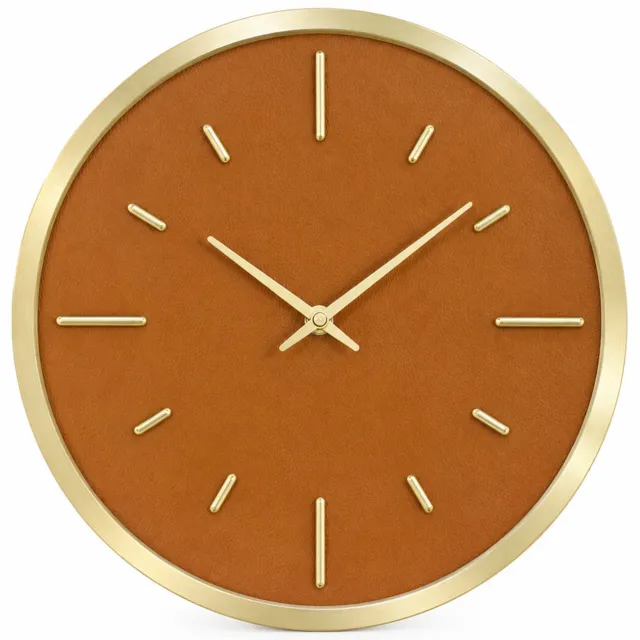 SWGOTA Ronde wandklok 12 inch - stil kwartsuurwerk, streepmarkeringen zonder cijfers, metalen kast - goudkleurig en bruin - 1 stuk