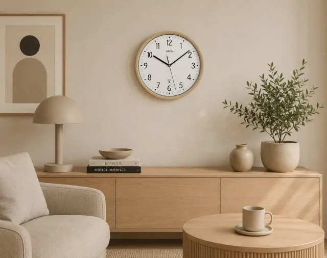 AMS F5576 LG - Wandklok - Analoog - Radiogestuurde tijdsaanduiding - Rond - Kunststof - Mineraal Glas - Cijfers - Beige- Wit - Zwart