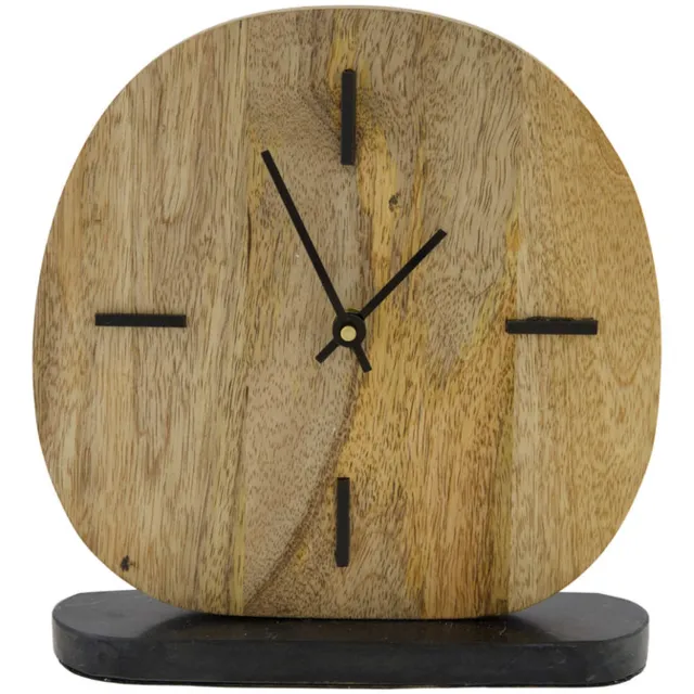 Wiljan Luxe Tafelklok op Marmeren Voet – Mangohout – 21x22 cm – Landelijke & Moderne Stijl – Natuurlijke Houten Klok voor Woonkamer en Kantoor