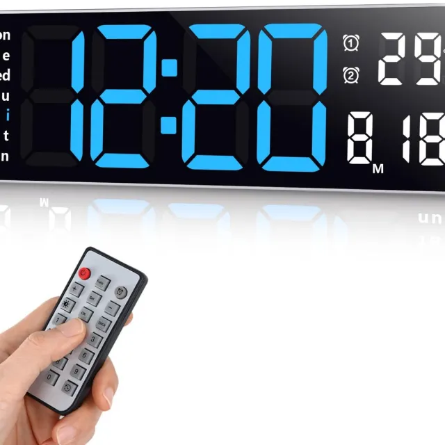 Fuloon digitale wandklok, USB-wandklok met 13-inch groot display, LED-digitale klok met afstandsbediening, tijdsaanduiding en aftelfunctie, digitale wekker met datum, week en temperatuur (blauw, 13 inch)