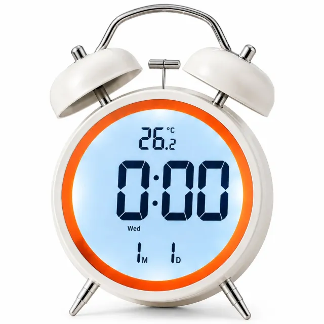 SWGOTA Oranje digitale wekker met dubbele bel - Op batterijen - Tijd, temperatuur- en datumweergave - Rond model voor het nachtkastje