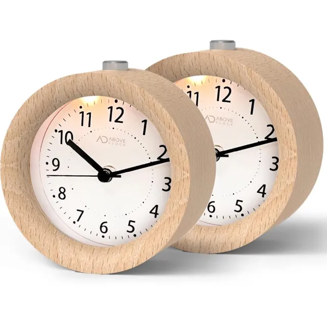 Homery Wekker analoog zonder tikken, 2 stuks, wekker hout met snooze, nachtkastje tafelklok met nachtlampje, werkt op batterijen