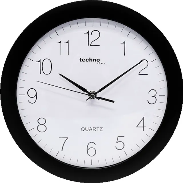 Technoline WT 7000 BLACK - Wandklok - Analoog - Rond - Kunststof Raam - Kwarts - Cijfers - Zwart