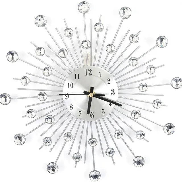 Unyqoos Stijlvolle ronde wandklok met zilveren details en 3D kristalontwerp, zilver, 30 cm